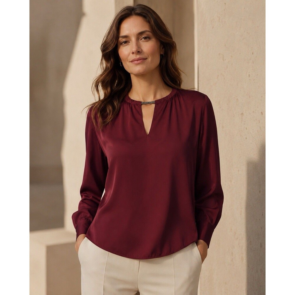 Brunello Cucinelli Burgundy Stretch Silk Monili Keyhole Blouse Top 3XL Italy